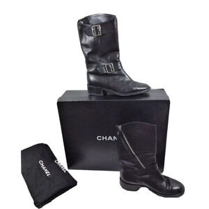 Chanel Black Leather K G27805 Buckle Side Zip CC Logo Moto Boots Sz 36 US 6